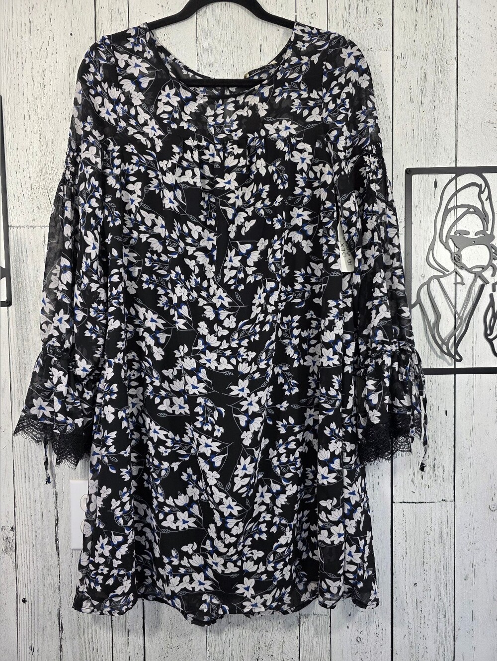 DEX Black Floral Bell Sleeve Lace Trim Dress Size S, Resortwear, Date Night